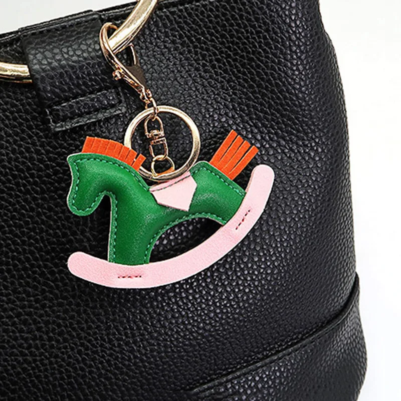 Women Leather Charms Bag Pendant KeyChain Cartoon Pony Rocking Horses Keyring Cute Animal Ornament Accessories Decoration Gift