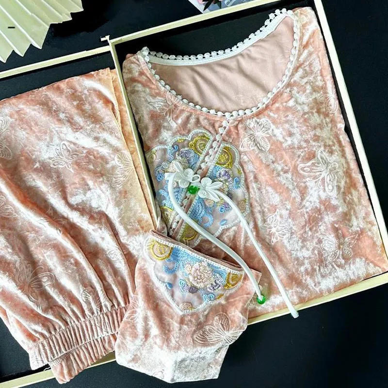 

Темперамент, новая золотая бархатная теплая одежда для сна, комплект для сна, винтажный осенне-зимний женский пижамный костюм с принтом, ансамбли пижам