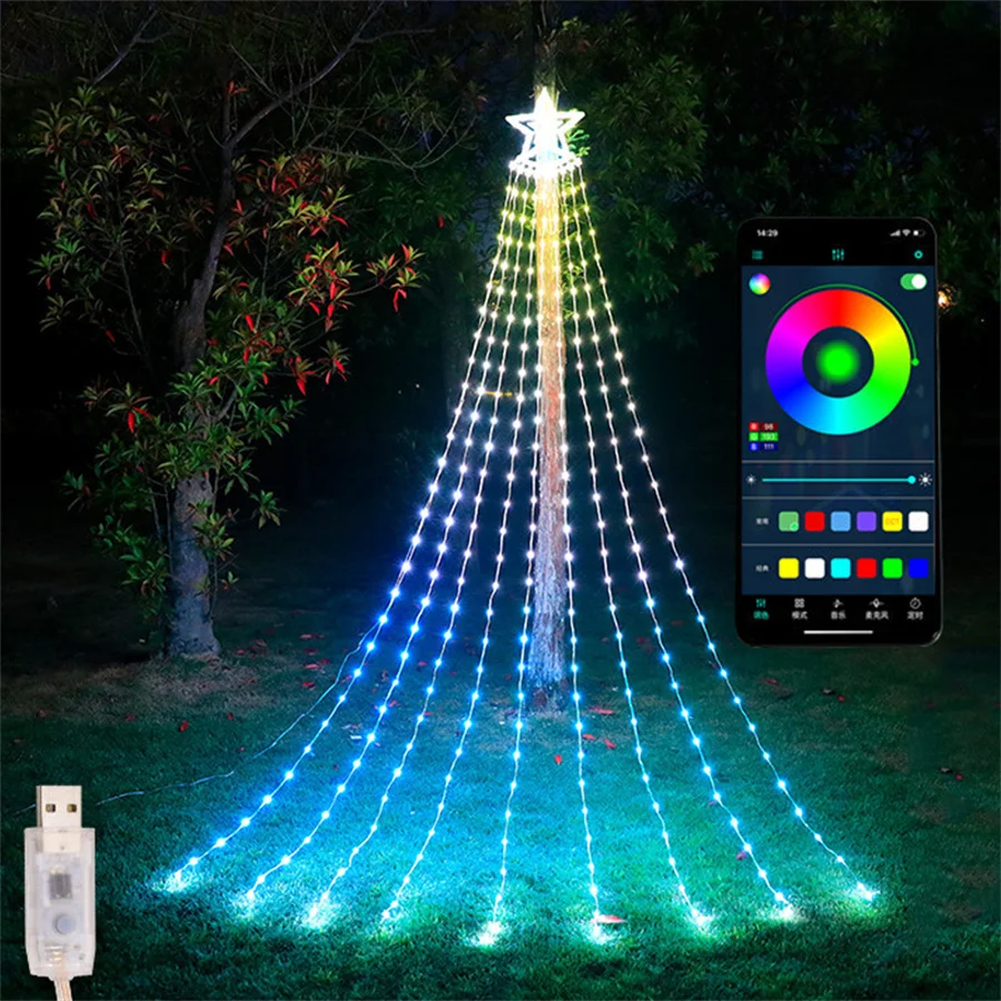 9x3M 304 Smart APP Control RGBIC Christmas Tree Waterfall String Light Bluetooth App Christmas Star Icicle Light