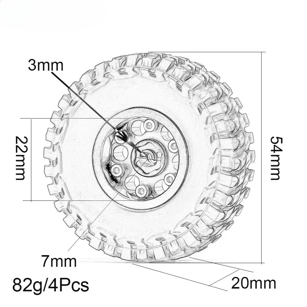 4 piezas 1,0 "metal Beadlock llanta de rueda neumáticos de goma regalo hexagonal para RC 1/24 Axial SCX24 C10 90081 AXI00001 AXI00002 Micro coche trepador