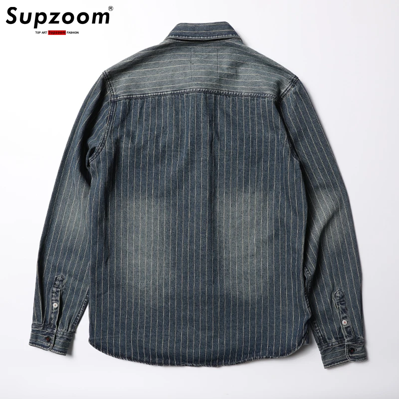 Supzoom 2023 New Arrival Top Fashion Brand Clothing Denim Full Turn-down Collar Open Stitch Striped Men Chemise Casual Shirts