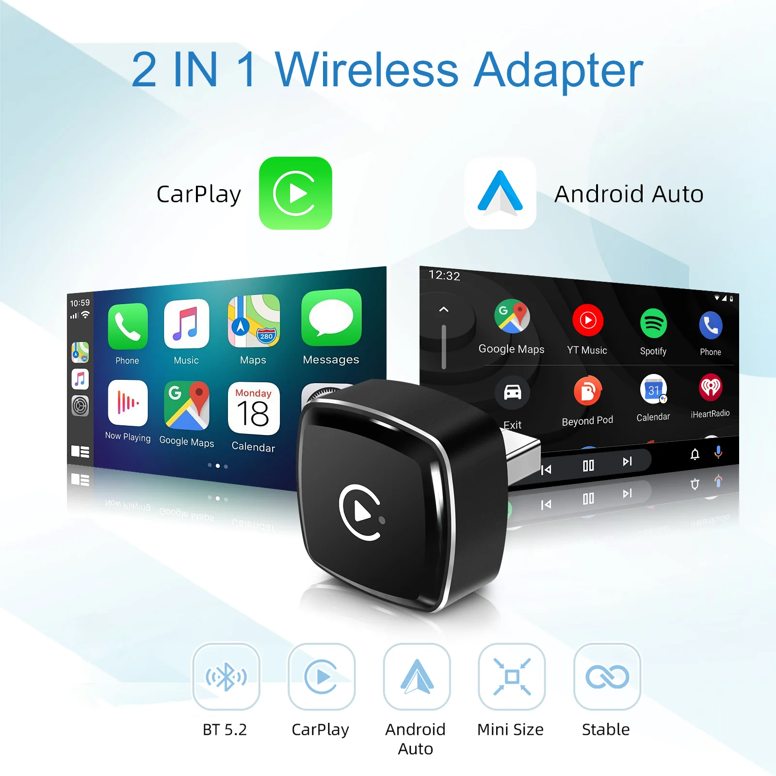 Ezonetronics Wireless CarPlay Android Auto Adapter for Factory Wired Car, Wireless CarPlay & Android Auto 2 in 1