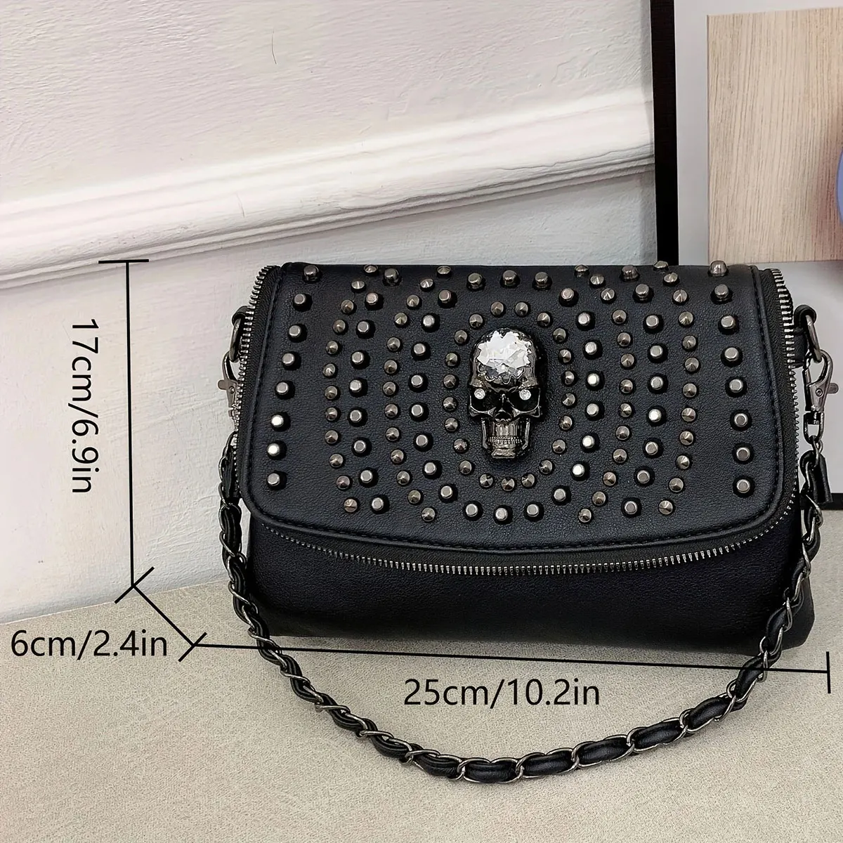 Umhängetasche im europäischen und amerikanischen Retro-Stil, neues Modell mit Totenkopf-Nietenverzierung, Reißverschluss, kleine quadratische Tasche – Detail 3