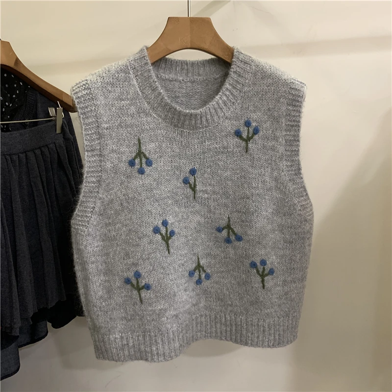 

Ретро-жилет из трикотажа с вышивкой цветов, женский, весенний, модный, утягивающий, для многослойных образов, с круглым вырезом, стандартной длины