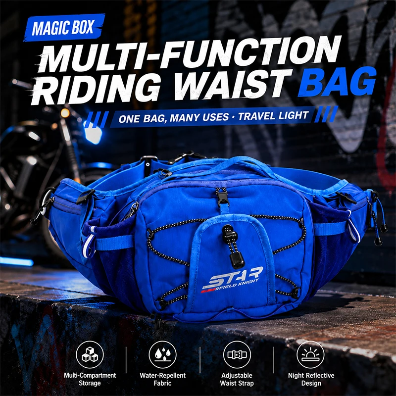Motorcycle Gear Travel Bag - SFK 新型バイク用ウエストバッグ。多機能で、胸元に装着できる前面ポーチ。撥水加工の生地を使用し、アウトドアや旅行、バイク走行時の必需品を収納できる。