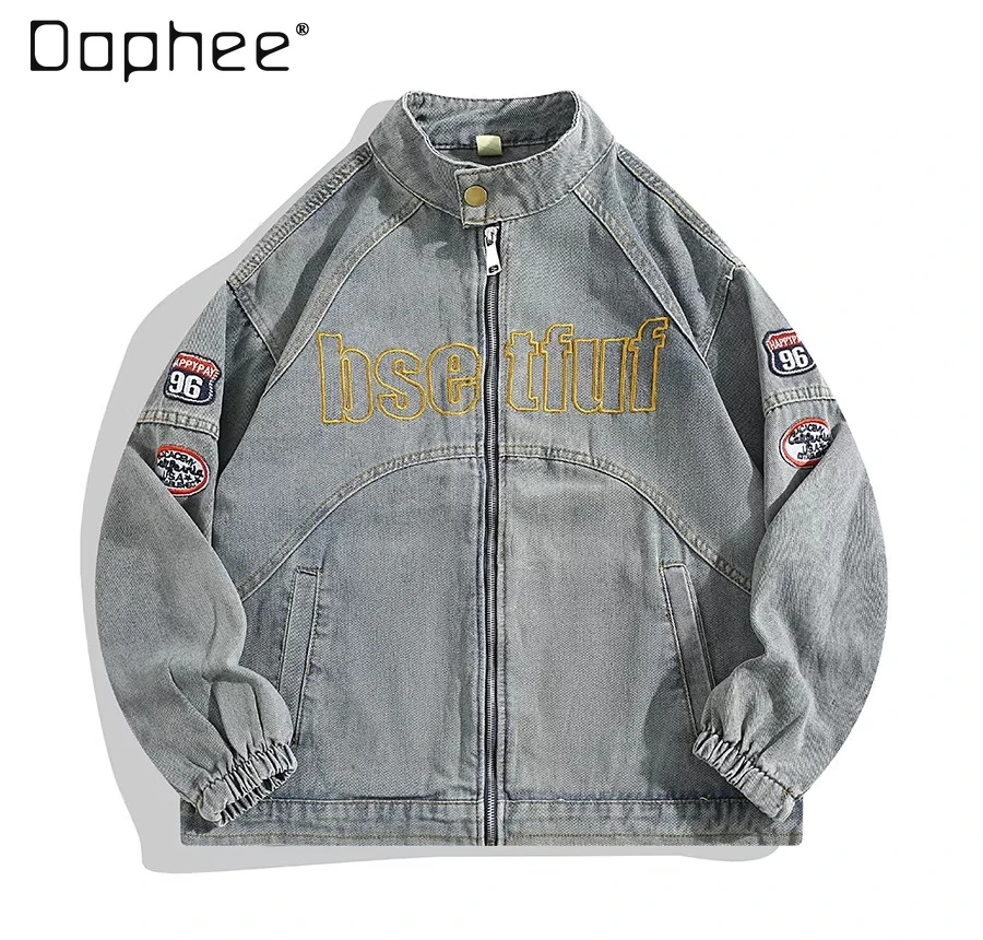 2025 Spring and Autumn New Men's Loose Casual Letter Embroidery Racing Denim Jacket High Street Workwear Blue Jacket