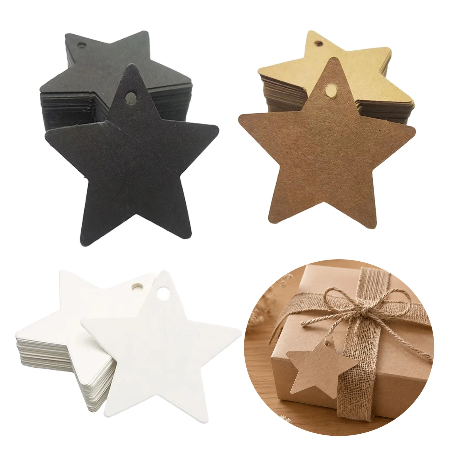 50/100Pcs Star Blank Hang Tags – Kraft White & Black Thick Cardboard with 10M Twine for Handwritten Pricing Artisan Boutique TMZ