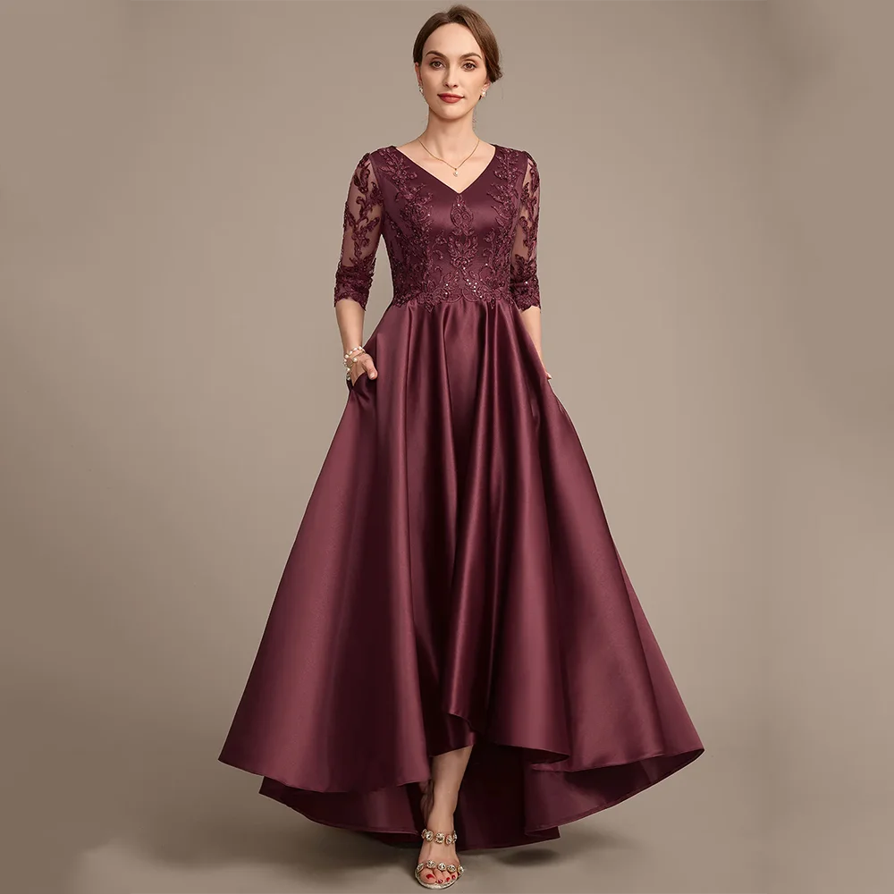 Hi-lo-Robe de soirée en satin pour la mère de la mariée, à la mode, col en V, 3/4 fibre pailletée, poche appliquée, ligne A, robe d'invité de mariage