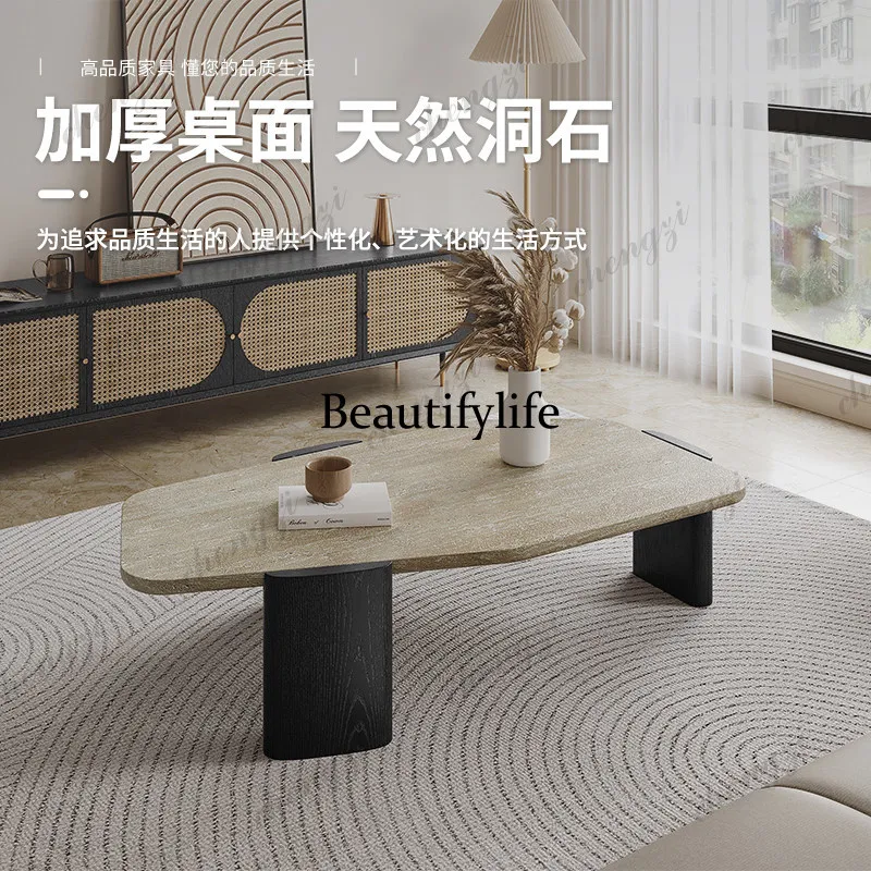 Wabi Sand wind travertine coffee table living room home modern simple light luxury solid wood creative special shape