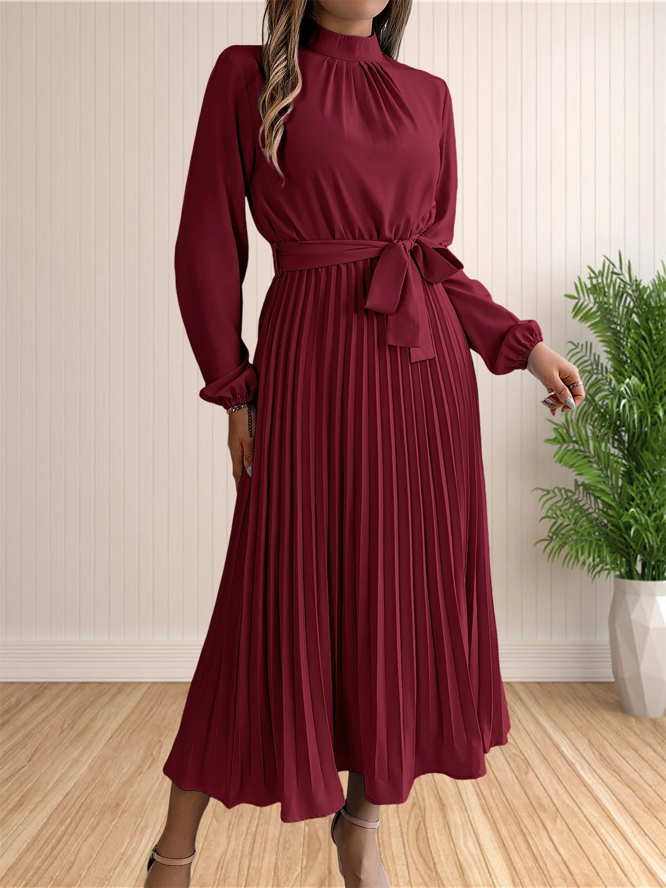 Women's Long Dresses Summer Elegant Pleated Long Sleeveed Lace Up Dresses Beach Boho Wrap Ruffle Hem Swing Sundress