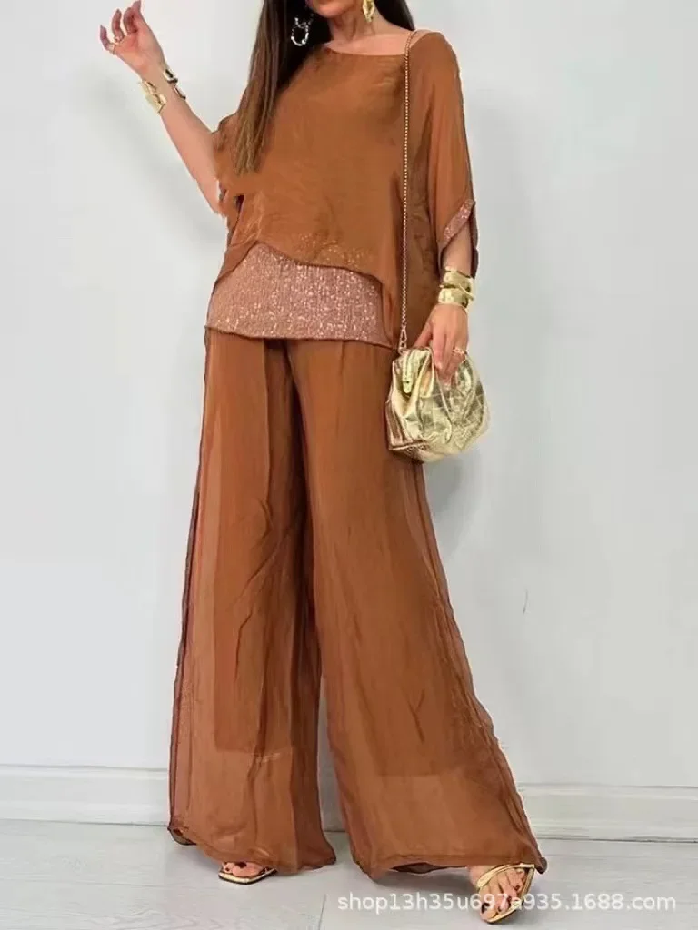 Fashion Solid Chiffon Suit for Women Casual Round Neck Bat Sleeves Sequin Top Wide Leg Pants Two Piece Set 2024 Summer New