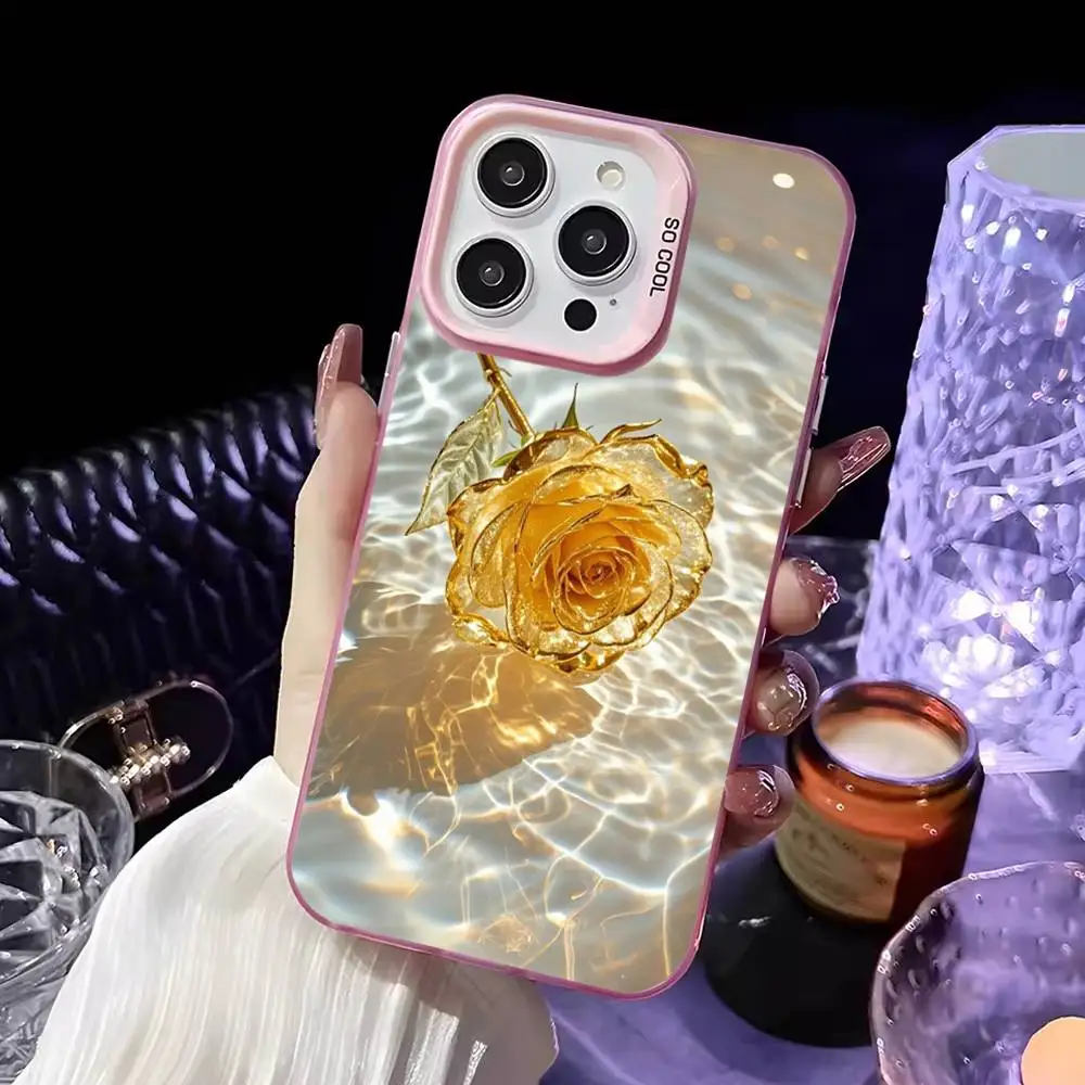 Piękne, eleganckie, złote etui na telefon w kształcie róży do iPhone'a 16, 15, 14, 13, 12, 11, Mini, Pro, MAX, różowe, matowe, odporne na wstrząsy.
