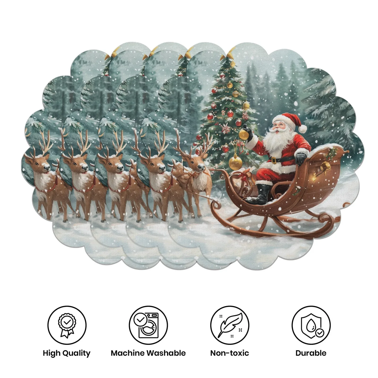 VIKAMA 4-teiliges Weihnachtsmann-Schlitten-Tischset mit Rentier-Schneeszene, Weihnachtsbaum, Wellen, Familientreffen, Tischdekoration und Zubehör