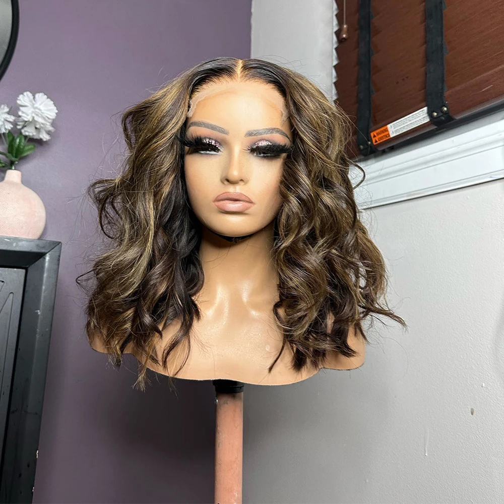 

Dark Blonde Highlight Short Wavy Wig Brazilian Remy Brown Human Hair Wigs Glueless 13x6 HD Lace Frontal Wig Preplucked 14" 200%