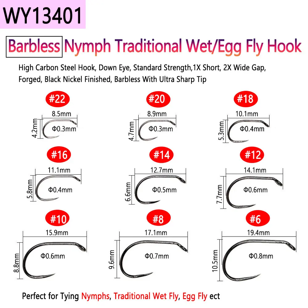 Bimoo 200pcs High Carbon Steel Barbless Fly Tying Hook For Nymph Scud Caddis Streamer Dry Wet Jig Nymph Fly Trout Fishing Lures