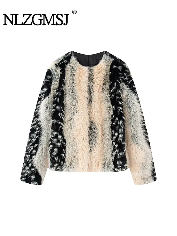 

NLZGMSJ Women Fashion Contrasting Faux Fur Jacket 2025 Winter Women New Long Sleeve Short Coat Female Chic Elegant Outerwear