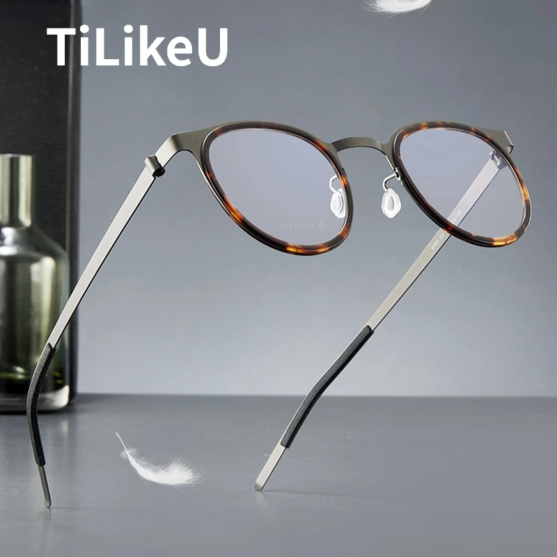 

Pure Titanium Round Screwless Eyeglasses Designer Men Retro Tortoiseshell Glasses Frame Anti-blue Light Myopia Glasses Spectacle