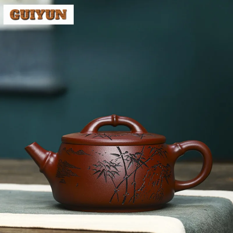 

350ml Authentic Yixing Handmade Purple Clay Teapot Hand-engrave Bamboo Tea Pot Beauty Tea Infuser Kettle Chinese Zisha Tea Set