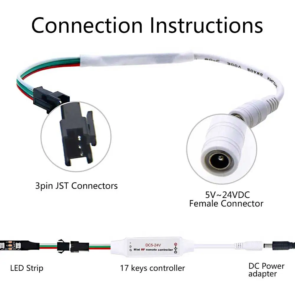 LED Mini Colorful Controller Suitable for WS2812 WS2811 Colorful RGB DC5~24V 3pin JST Connector 200 Color Mode SP104E10 per pack