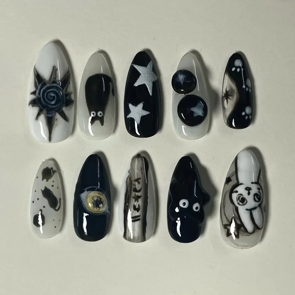 10Pcs Handmade Press On Nails Halloween Carnival Horror 3D Medium Almond Fake Nails Cute Rabbit  Design Art  DIY Nails with Set