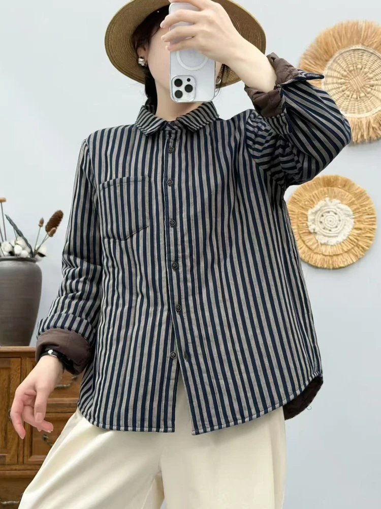 

Повседневное хлопковое женское зимнее антивозрастное утягивающее внутреннее пальто с воротником irt, топ в полоску