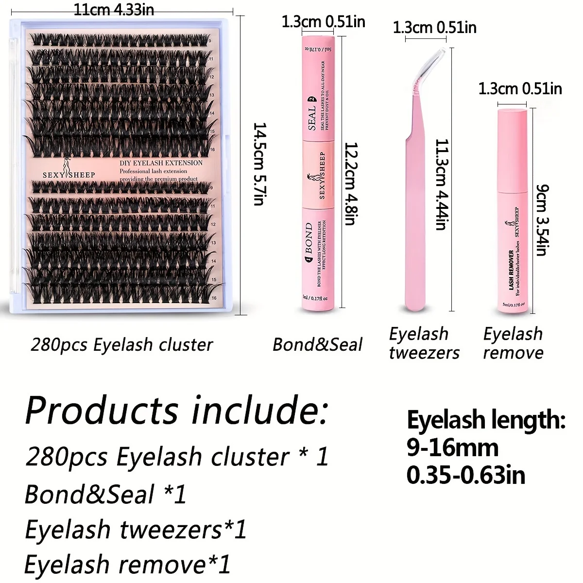 Kit de extensão de cílios diy, 280 peças, cluster de cílios individuais 9-16mm mix 40d50d60d80d com ligação de cílios, vedação e removedor de cílios