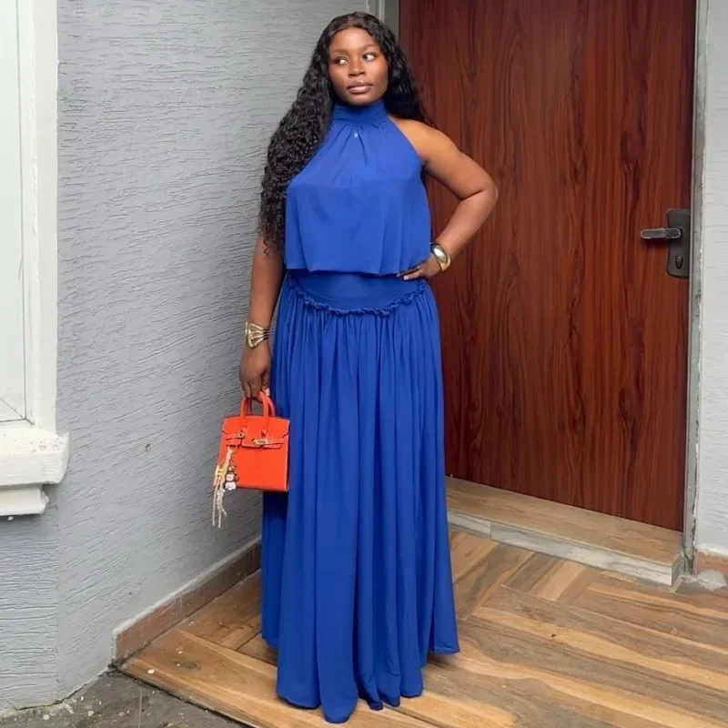 2026 Fall New African Fashion Elegant Sleeveless Crop Top High Waist Long Skirt Set Royal Blue Women Suit