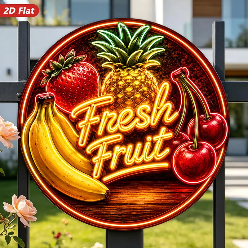 2D Flat Neon Fruit Round Metal Sign Pineapple Banana Cherry Strawberry Waterproof Indoor Outdoor Home Wall Decor
