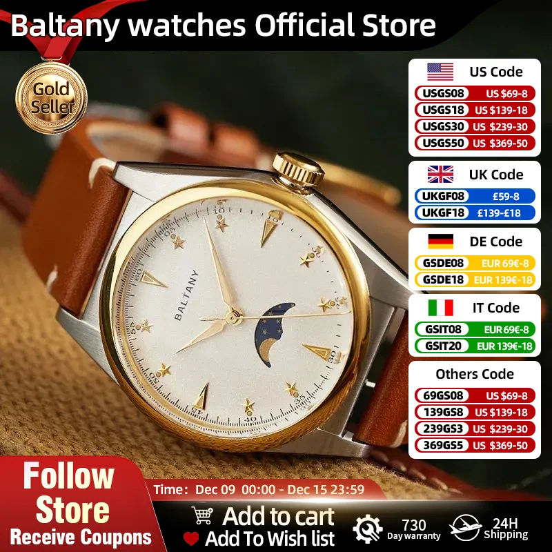 Baltany Design Moonphase Watches S4042 Leather Strap IPG Bezel Luminous Dial 6P24 Quartz Unisex Luxury Dress Wristwatch