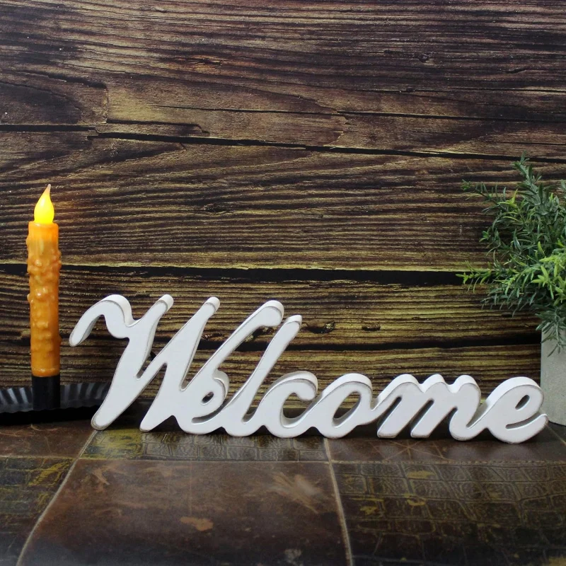 costom Rustic Vintage Distressed White Wooden Words Sign Free Standing Tabletop/Shelf/Home Wall/Office Decoration Art