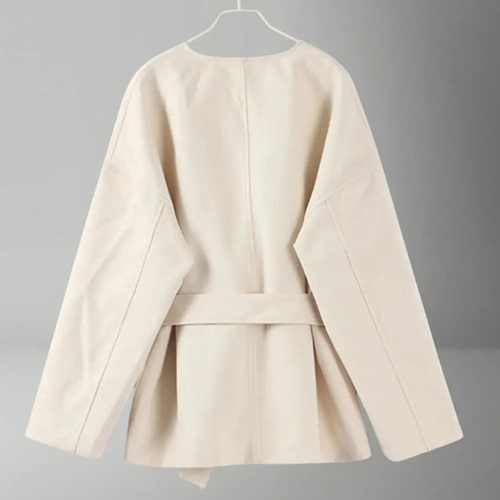 

Lace-up Waist Jacket Stylish Women's Wool Trench Coat with Belt Pockets Open Front Thick Winter Peacoat Jacket for Warmth