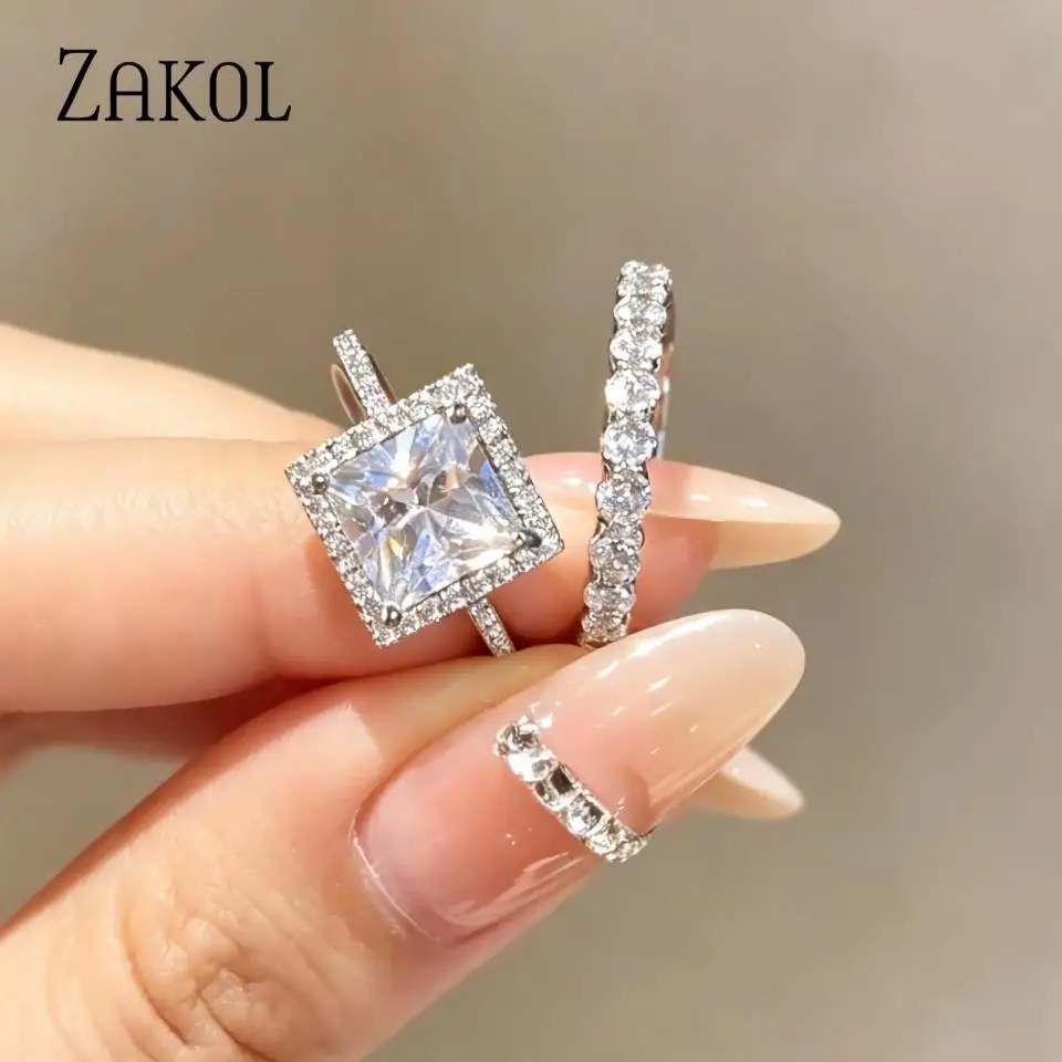 ZAKOL 2pcs/set Fashion Geometric Zirconia Rings Set For Women Elegant Stackable Ring Bridal Wedding Engagement Jewelry Gift