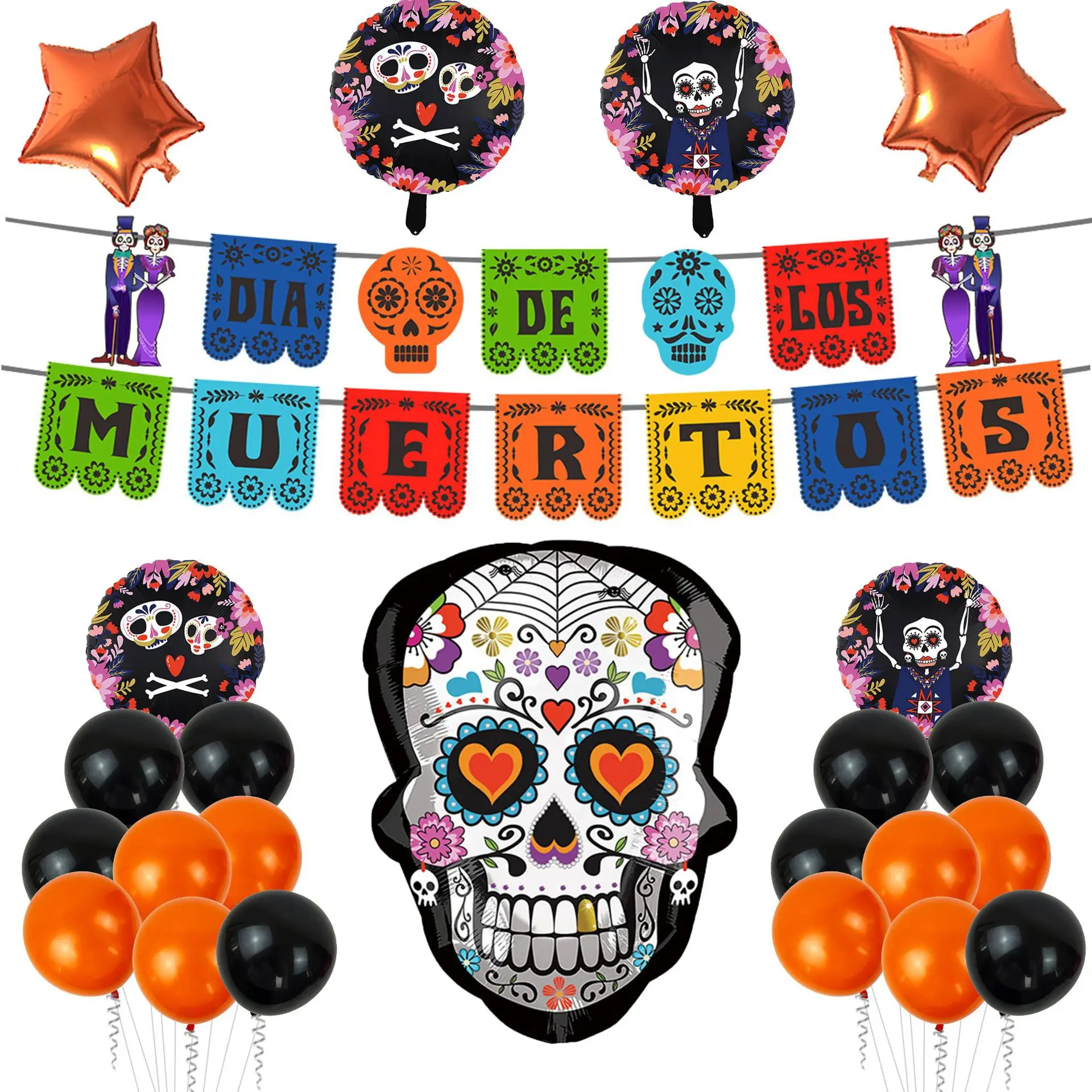 2023 Mexican Day Of The Dead Balloon Ghost Festival Skull Bridegroom And Bride Flag Party Layout Decoration Holiday Supplies New