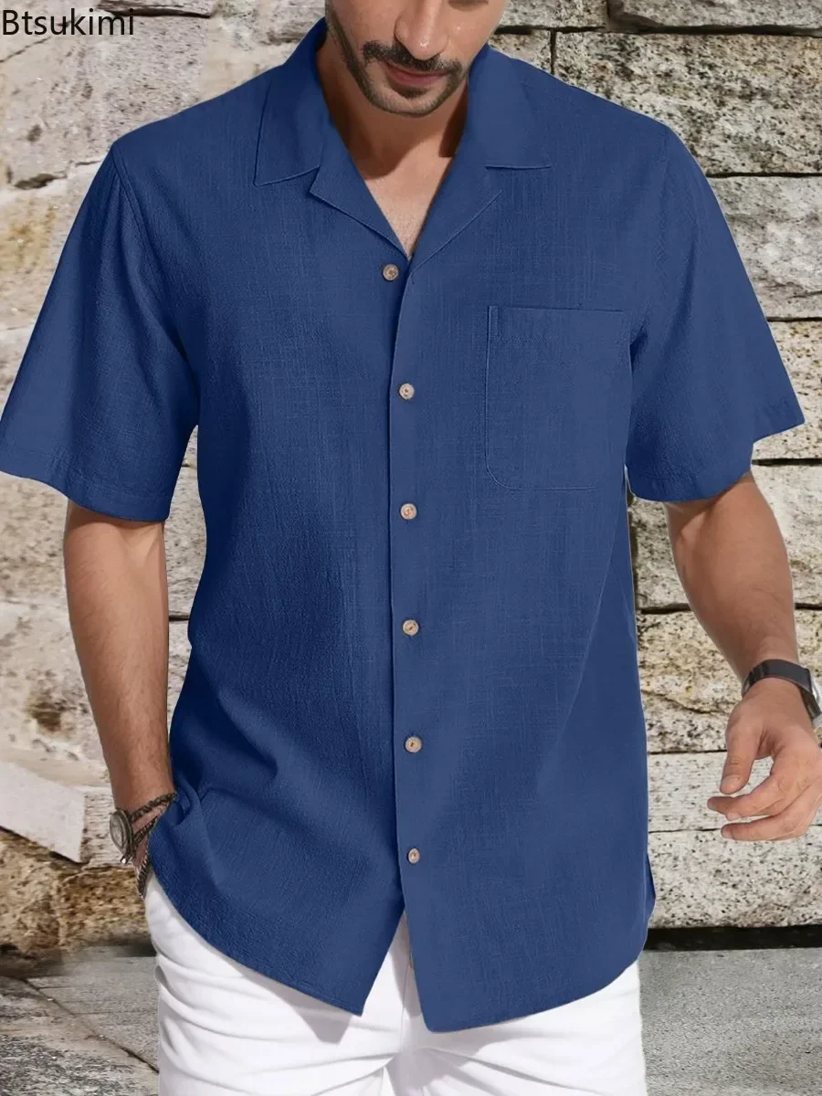 New2025 Camicia casual solida estiva da uomo Moda manica corta Risvolto Top semplici e traspiranti Comodo cardigan Uomo Camicetta da spiaggia allentata