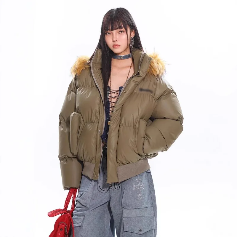 

2025 American Retro Fur Collar Style Overcomes Winter Couple's Thick Jacket Short Jacket Parkas Student Trend Female Clothing