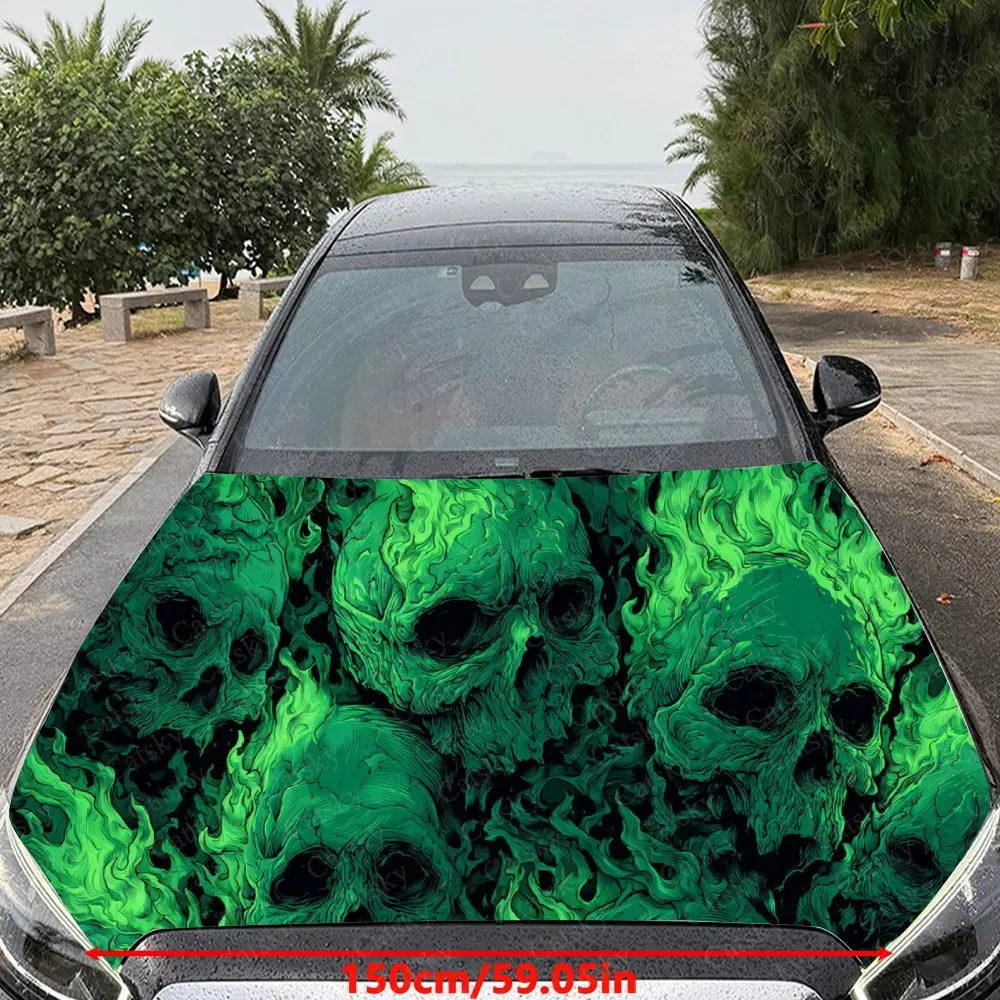 Car Decal Macabre Artistic Design with Skull Cluster in Fiery Green-Hued Style Car Hood Sticker, Waterproof Self - Adhesive PVC