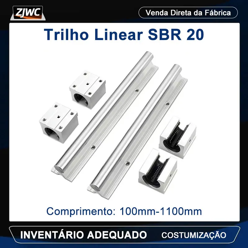 Conjunto de trilhos lineares sbr20 200 300 400 500mm 600 800 1000mm 1100mm 2 peças guia linear + 4 peças de rolamento de bloco sbr20uu/luu para peças cnc