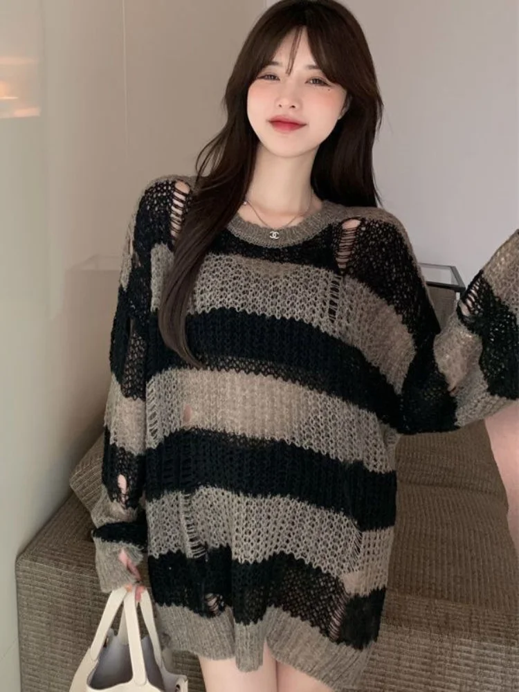 

HOUZHOU Harajuku Vintage Striped Sweater Women Autumn Winter Streetwear Hollow Out Oversize Pullovers Knitted Casual Loose Tops