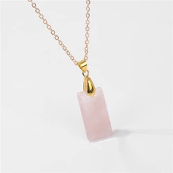 Rectangle Rose Quartzs Pendent Necklaces For Women Men Natural Stone Obsidian Lapis Lazuli Amethysts Chain Female Jewelry Gift