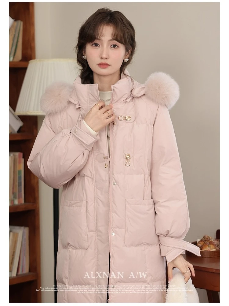 ALXNAN Women's Winter Down Jacket 2025 Winter Pink Thick Warm Jacket 90 White Duck Down Real Fur Collar Hooded Coats LXN329119