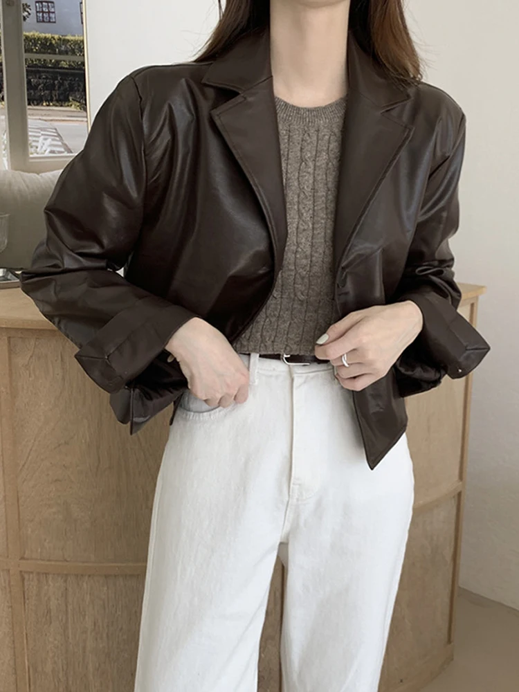 Chic Vintage Men's Sle Loose Fit Single Button ort PU Leather Jaet Women's Faion Commute Wind irt Coat Autumn