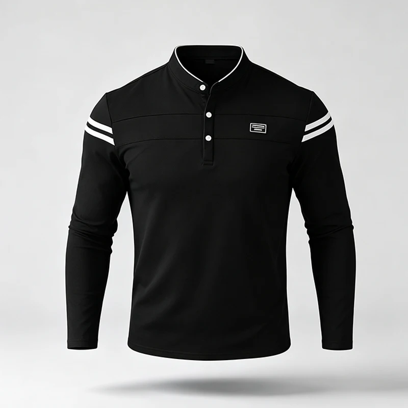 Herren-Polohemd mit langen Ärmeln, im urbanen Stil, mit Stehkragen und Streifenmuster, ideal für den Stadtverkehr und als lässiges Outfit für den Alltag. – Detail 6