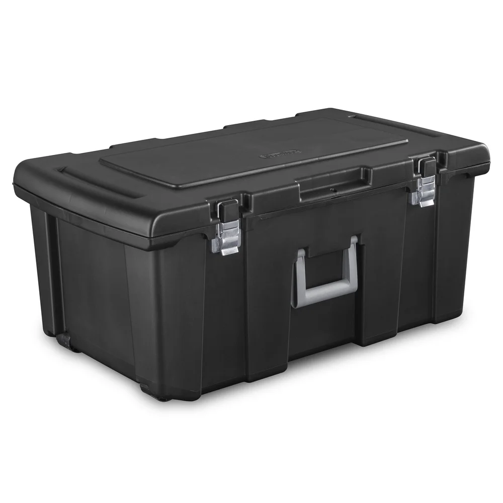 Durable Portable Footlocker with Wheels Lockable Storage Solution Camping College Moving Gear Organizer Black Plastic 16 Gallon