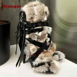 Cross Strappy Fluffy Fur Mid-Calf Boots Round Toe Lace-Up Women's Casual Boots Winter 2025 New Design Runway Party Shoes Warm