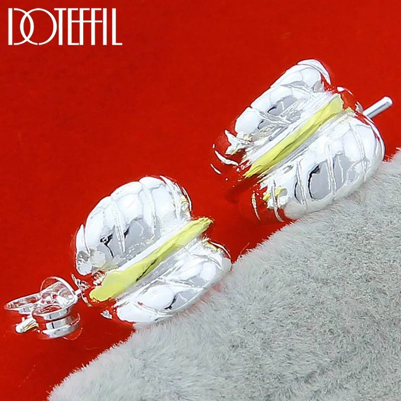 DOTEFFIL 925 Sterling Silver Gold Feather Stud Earrings For Woman Wedding Engagement Fashion Party Charm Jewelry