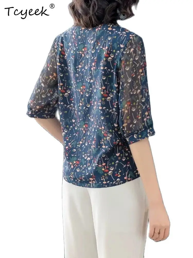 تي شيرت Tcyeek 100% من الحرير الحقيقي للنساء، طباعة نصف كم برقبة على شكل حرف V، بلوزات OL أنيقة على الموضة، بلوزات ربيع 2024 T42232QM #2