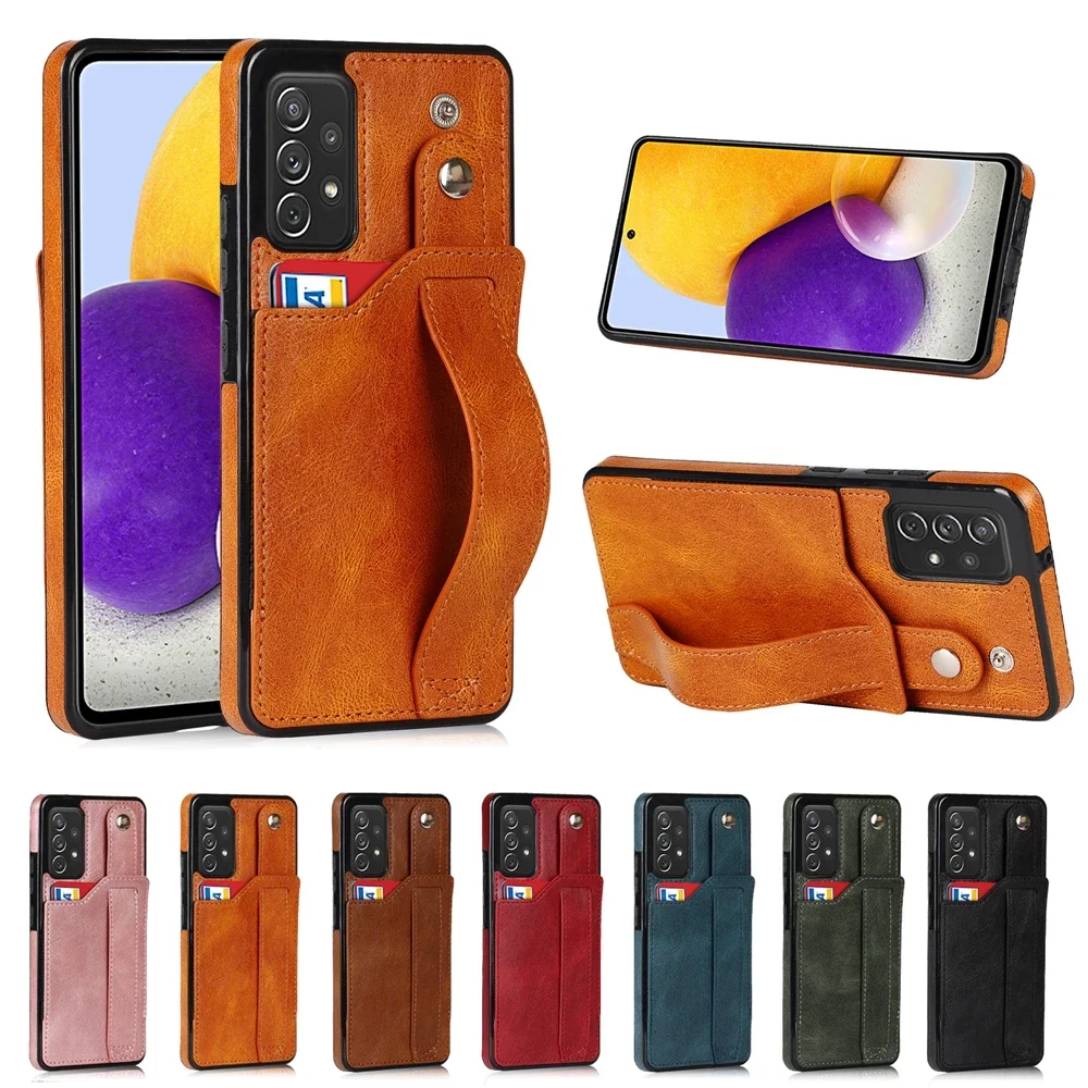 S24 S23 Plus Leather Case Wallet Card Slot Hand Wrist Strap Back Cover for Samsung Galaxy S22 Note 20 Ultra S21 FE A32 A52 A72