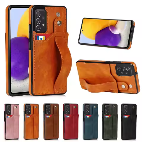 S24 S23 Plus Leather Case Wallet Card Slot Hand Wrist Strap Back Cover for Samsung Galaxy S22 Note 20 Ultra S21 FE A32 A52 A72