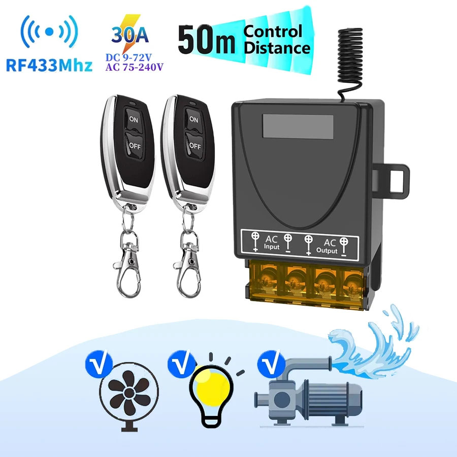 

RF 433Mhz Smart Switch Wireless Remote Control Switch AC 75-220V 30A High Current Relay for Water Pump Motor Lights Door Access