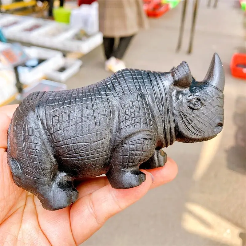 

13CM Natural Black Obsidian Rhinoceros Figurine Stone Carved Crystal Animal Statue Sculpture For Decoration Gift 1PCS